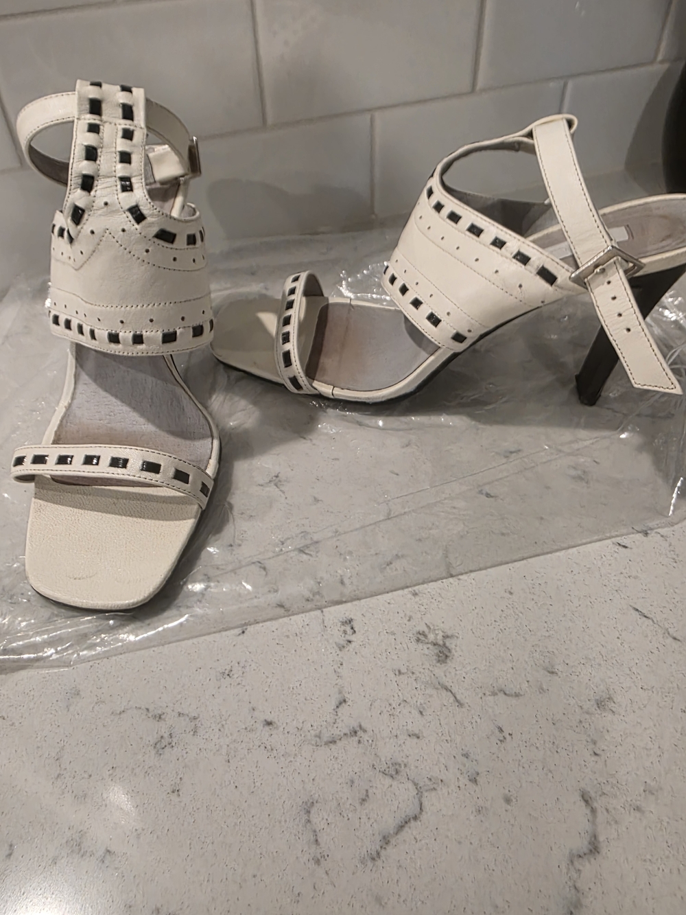 White Stud-Trim Strappy High Heel Sandals - Women's